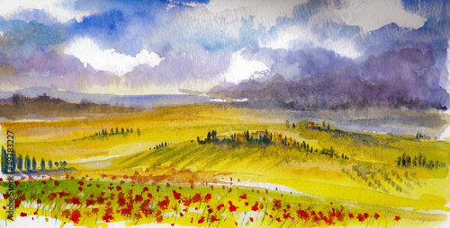 Illustration: Tuscany landcape watercolor painted. Tuscany landcape watercolor painted.