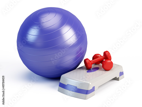 Illustration: Fitness ball, weights and fitness step board Fitness ball, weights and fitness step board