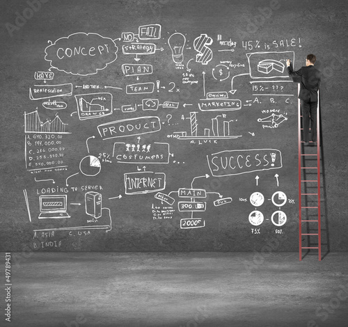 Photo: man climbing on ladder drawing business plan man climbing on ladder drawing business plan
