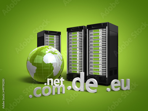 Illustration: 3 Webserver mit Globus und Top-Level-Domains grün 3 Webserver mit Globus und Top-Level-Domains grün