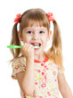 cute kid girl brushing teeth isolated on white