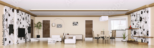 Illustration: Modern apartment interior panorama 3d render Modern apartment interior panorama 3d render