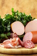 Assorted variety of sausages on a cutting board