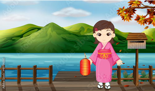 Vector: A girl wearing a kimono holding a lantern beside a wooden mailbo A girl wearing a kimono holding a lantern beside a wooden mailbo