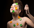 Tailor. Artistic Woman with Colorful Buttons and Needle. Sewing