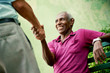 old black and caucasian men meeting and shaking hands in park