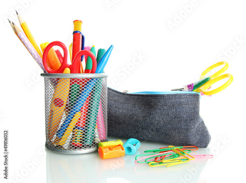 Photo: pencil box with school equipment isolated on white pencil box with school equipment isolated on white