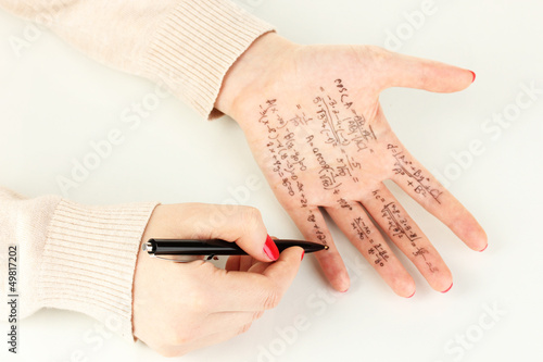 Photo: Write cheat sheet on hand isolated on white Write cheat sheet on hand isolated on white