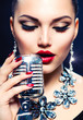 Singer Woman with Retro Microphone. Vintage Style