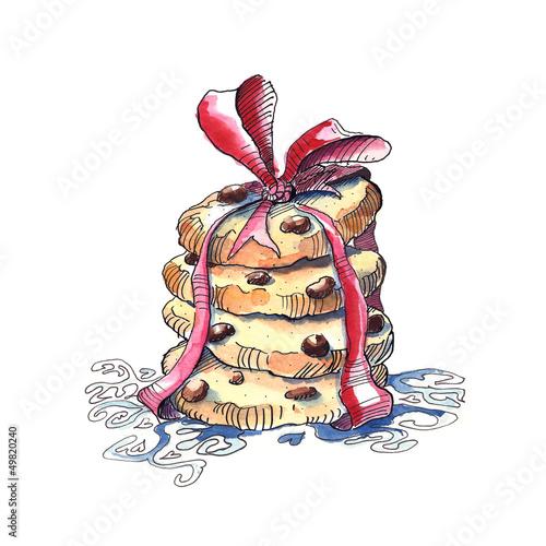 Illustration: Sweet chocolate chip cookies stack (watercolor) Sweet chocolate chip cookies stack (watercolor)