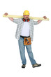 A carpenter holding a plank.