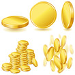 Collection of illustrations, icons and gold coins.