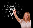 Woman drawing light bulb on whiteboard