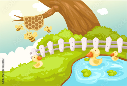 Vector: landscape cute duck and bees landscape cute duck and bees