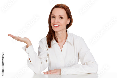 Photo: Business woman holding something on her hand, isolated on white Business woman holding something on her hand, isolated on white