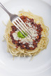 Spaghetti mit Sauce Bolognese und Basilikum