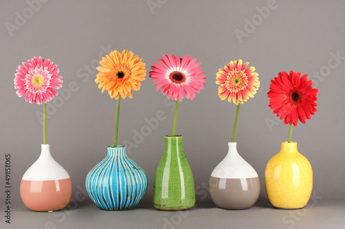 Photo: Beautiful Gerber flowers on grey background Beautiful Gerber flowers on grey background