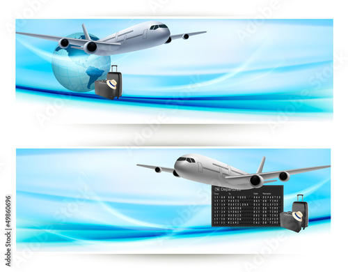 Vector: Two travel banners with with airplane on blue sky. Two travel banners with with airplane on blue sky.