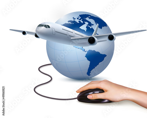 Vector: Background with airplane and hand with mouse. Travel concept. Ve Background with airplane and hand with mouse. Travel concept. Ve