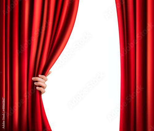 Background with red velvet curtain and hand. Vector illustration
