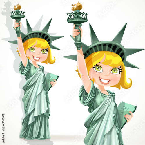 Vector: Blonde girl dressed as the Statue of Liberty with torch Blonde girl dressed as the Statue of Liberty with torch