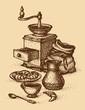 Vector still life. Cup of coffee with croissants and old coffee