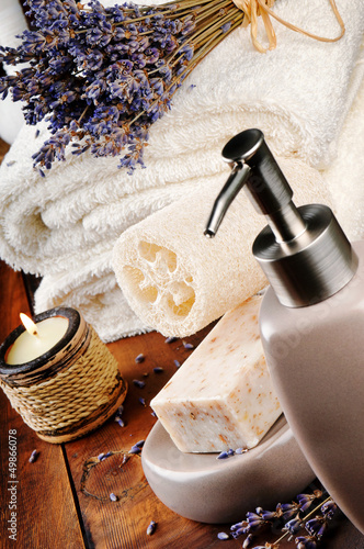 Photo: Spa setting with natural soap and lavender Spa setting with natural soap and lavender