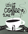 banner with a cup of coffee in a door and a passerby