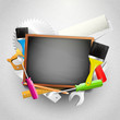 Hand tools and empty chalkboard - Carpentry background