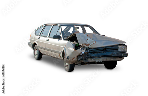 Photo: Car accident ,destroyed car - white background Car accident ,destroyed car - white background