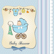 baby boy announcement card with baby and pram