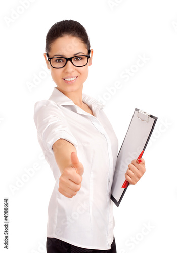 Photo: Smiling business woman holding clipboard Smiling business woman holding clipboard