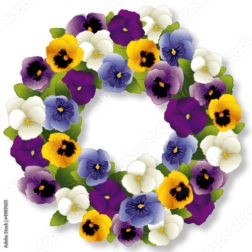 Illustration: Pansy Wreath, spring Viola flowers, isolated on white Pansy Wreath, spring Viola flowers, isolated on white