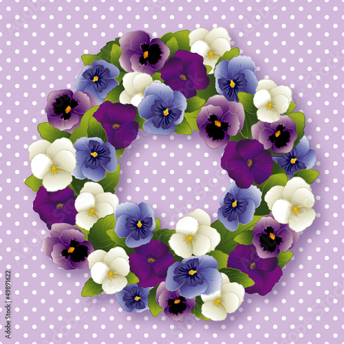 Illustration: Pansy Wreath spring Viola flowers, polka dots, pastel lavender Pansy Wreath spring Viola flowers, polka dots, pastel lavender