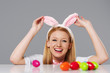 Laughing easter bunny woman