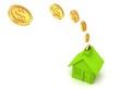 green house money bank with golden dollar coins flow