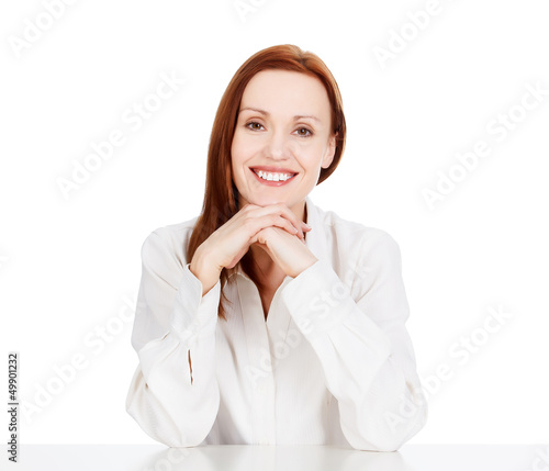 Photo: Happy business woman smiling to you, isolated on white. Happy business woman smiling to you, isolated on white.