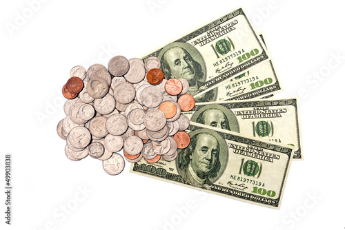 Photo: Coins And Dollars XXXL Isolated On White Coins And Dollars XXXL Isolated On White
