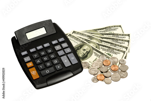 Photo: Calculator With Lots Of Money XXXL Isolated Calculator With Lots Of Money XXXL Isolated