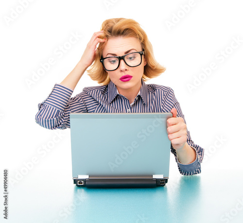 Photo: Business woman thinking about something, isolated on white Business woman thinking about something, isolated on white