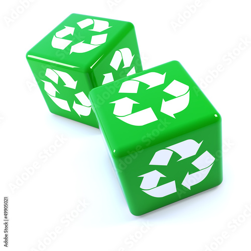 Illustration: Two green dice with recycle symbol Two green dice with recycle symbol
