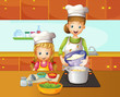 A mother and daughter cooking