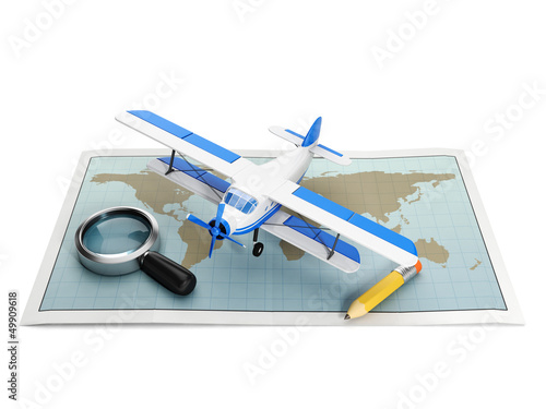 Illustration: Round trip. Illustration with plane and map on a white backgroun Round trip. Illustration with plane and map on a white backgroun