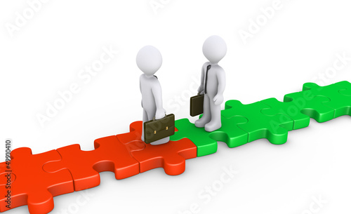 Illustration: Two businessmen meet on puzzle path Two businessmen meet on puzzle path