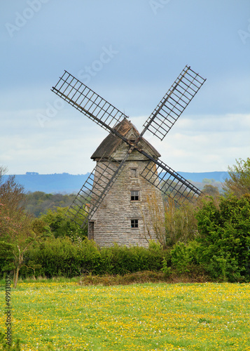 Photo: English Windmill behind a field of yellow flowers English Windmill behind a field of yellow flowers