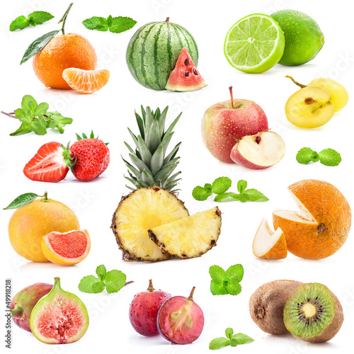 Photo: Collection of fruits with mint isolated on white background Collection of fruits with mint isolated on white background