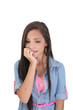 Head shot of worried woman over white background