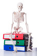 Skeleton with pile of files on white