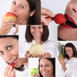 Montage of a woman eating fruit