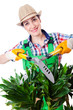 Woman gardener with shears on white